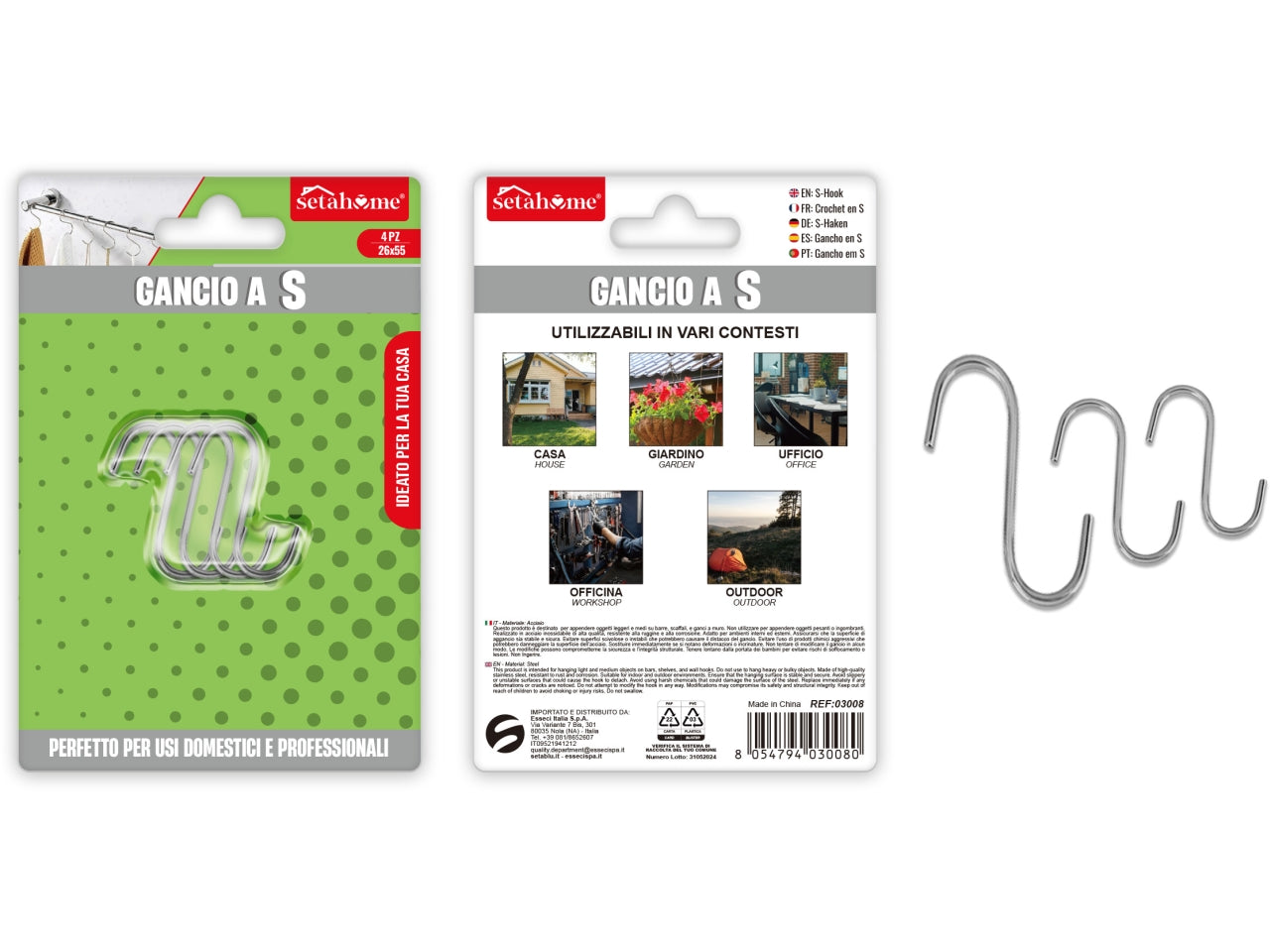 Gancio a s in metallo 26x55mm confezione da 4 ganci