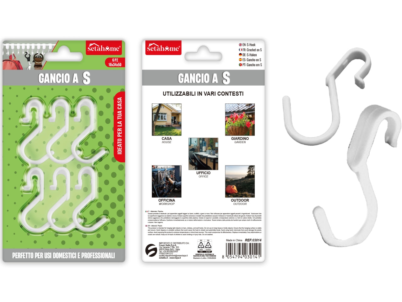 Gancio a s in plastica 10x34x50mm confezione da 6 ganci