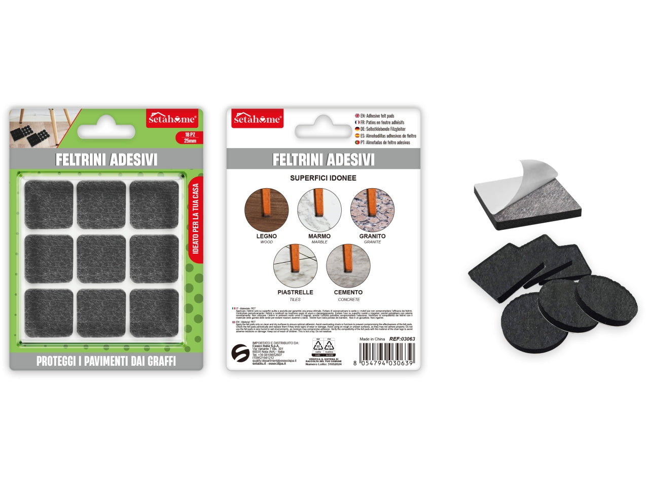 Feltrini adesivi quadrati 25x25mm confezione da 18 feltrini