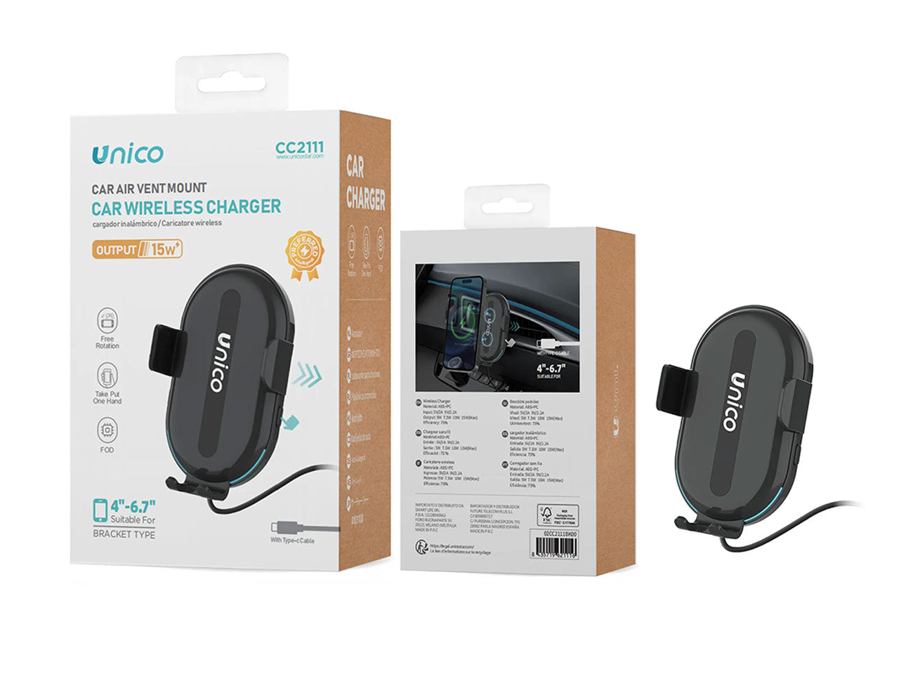 Supporto per caricabatterie wireless 15W a doppia bobina, presa d'aria per auto, tipo CE