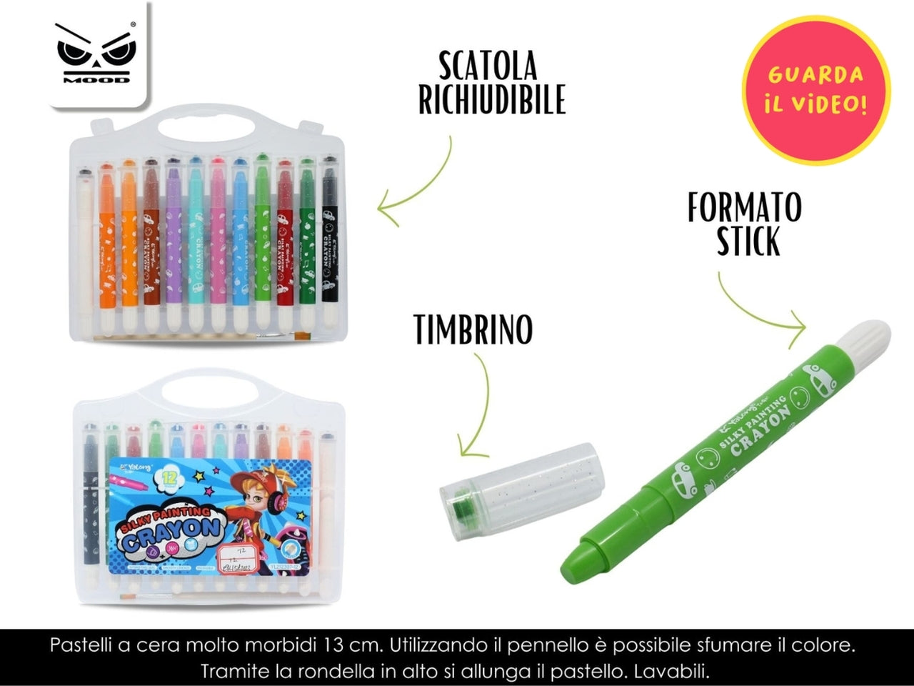 Pastelli a cera con timbro e pennello set 12 colori