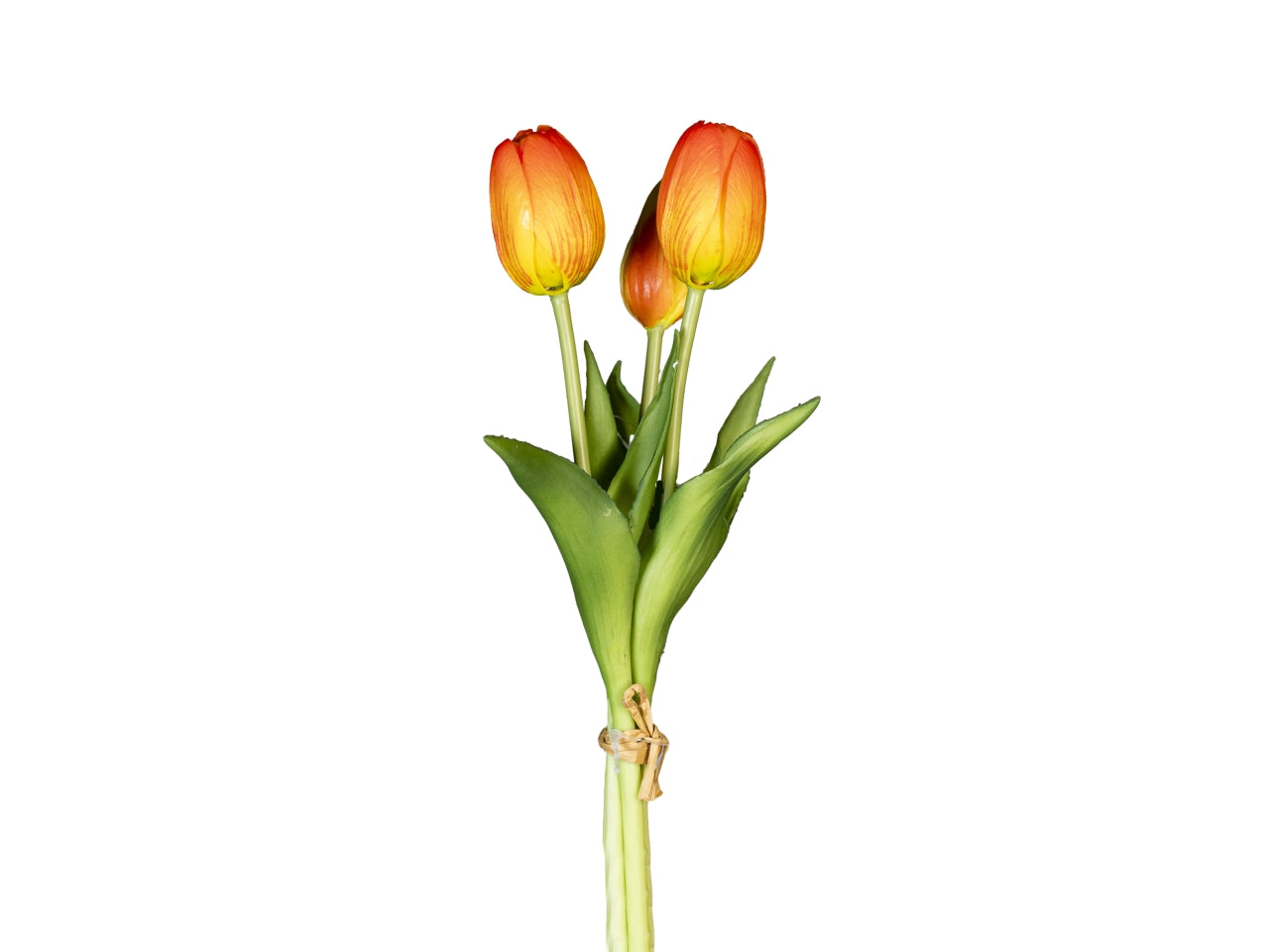 Mazzetto corto tulipani con 2 fiori e 1 bocciolo arancio