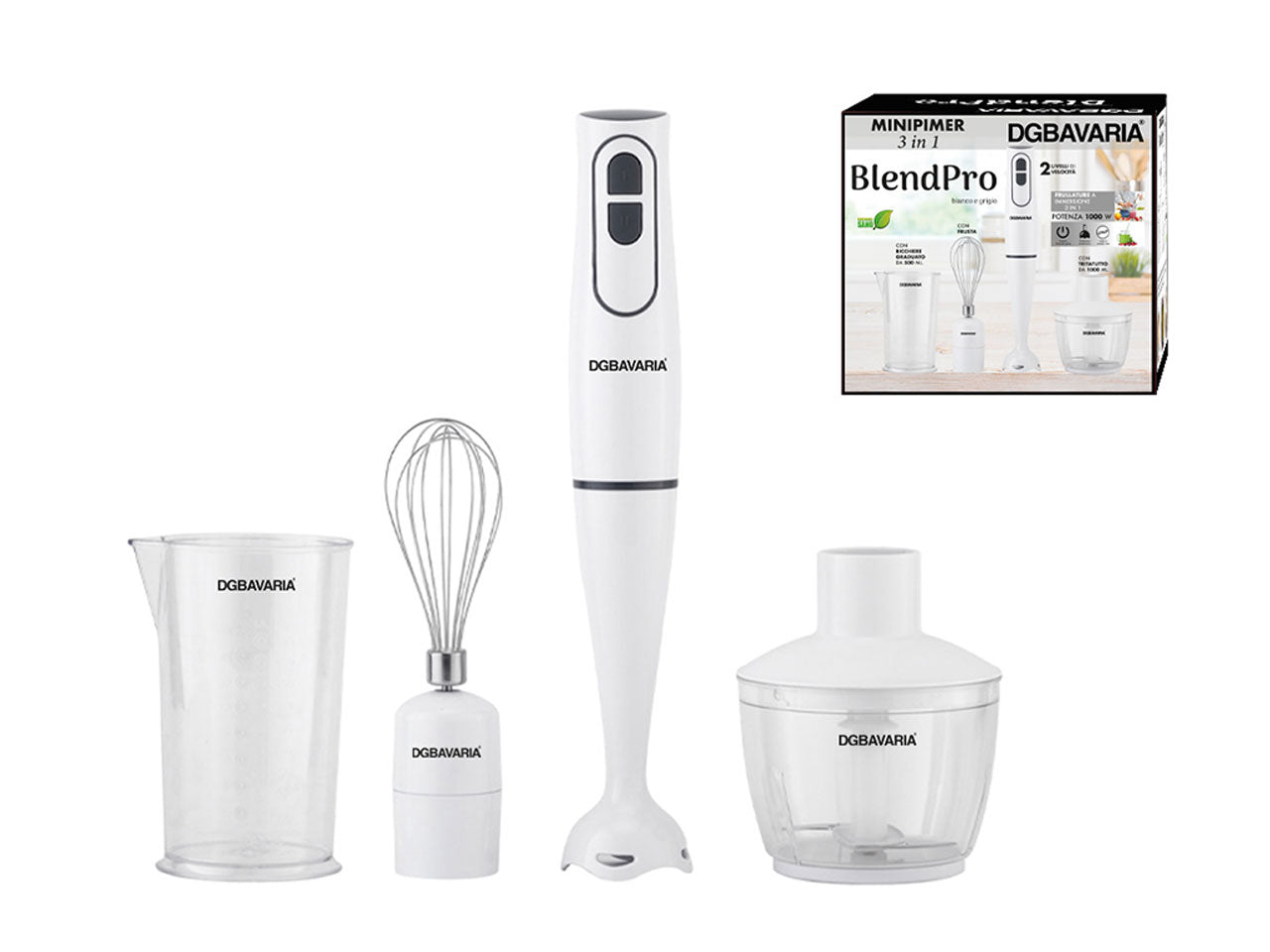 Minipimer,tritatutto da 1000ml e frusta con bicchiere bianco