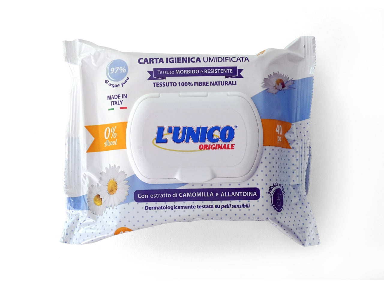 Carta igienica umidificata in fibre naturali camomilla e allantoina 40 pezzi