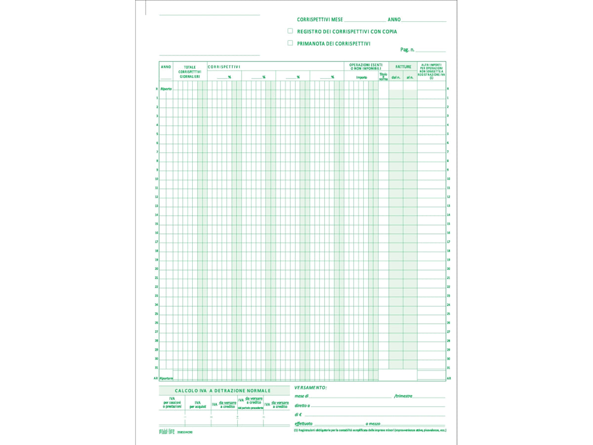 Registro prima nota iva corrispettivi 25x2 copie autoricalcante 29,7x21cm