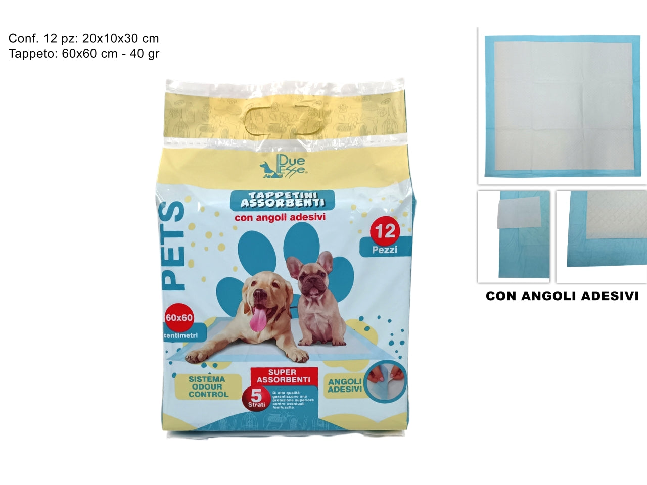 Confezione da 12 tappetini igienici per animali 60x60 40gr