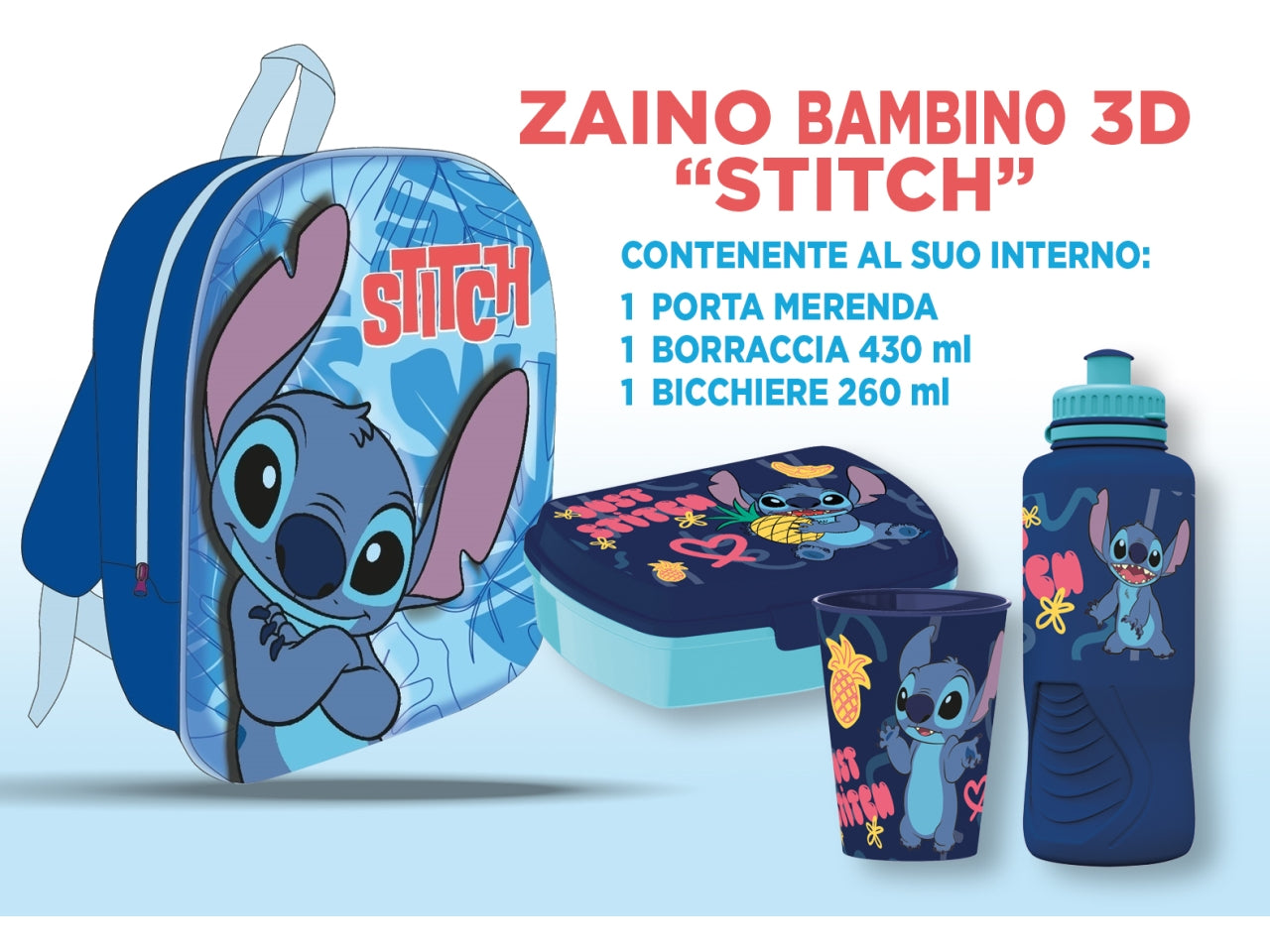 Stitch zainetto 3d bambino 30cm con accessori