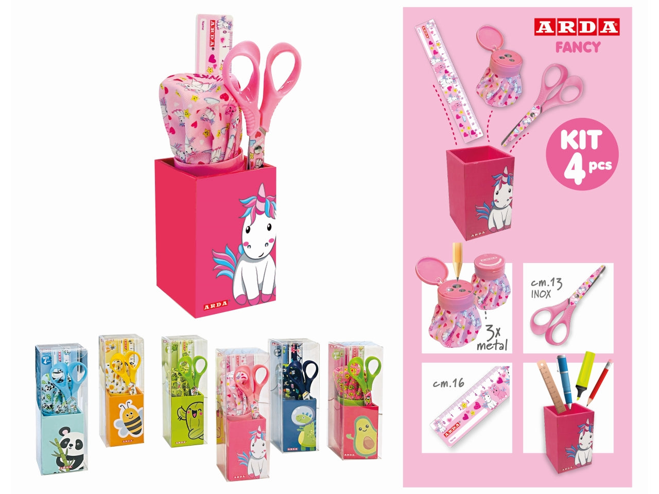 Francy kit portapenne con temperino, forbici e righello fantasie assortite