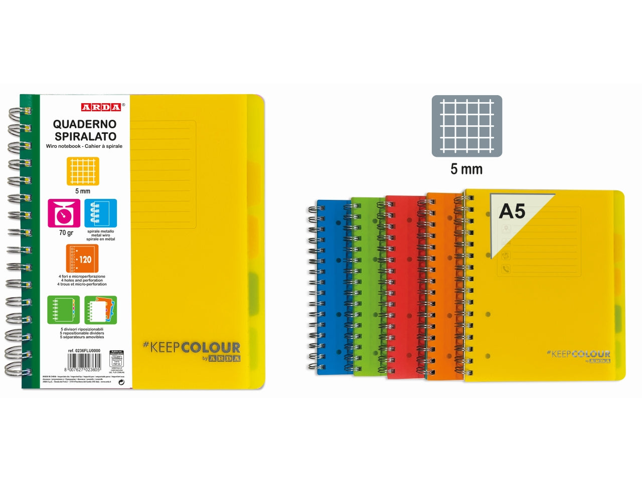 Quaderno spiralato con copertina in PPL A5 con divisori riposizionabili 120 fogli 5M