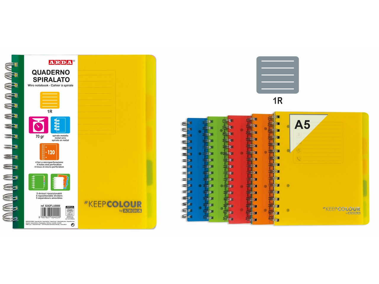 Quaderno spiralato con copertina in PPL A5 con divisori riposizionabili 120fogli 1R