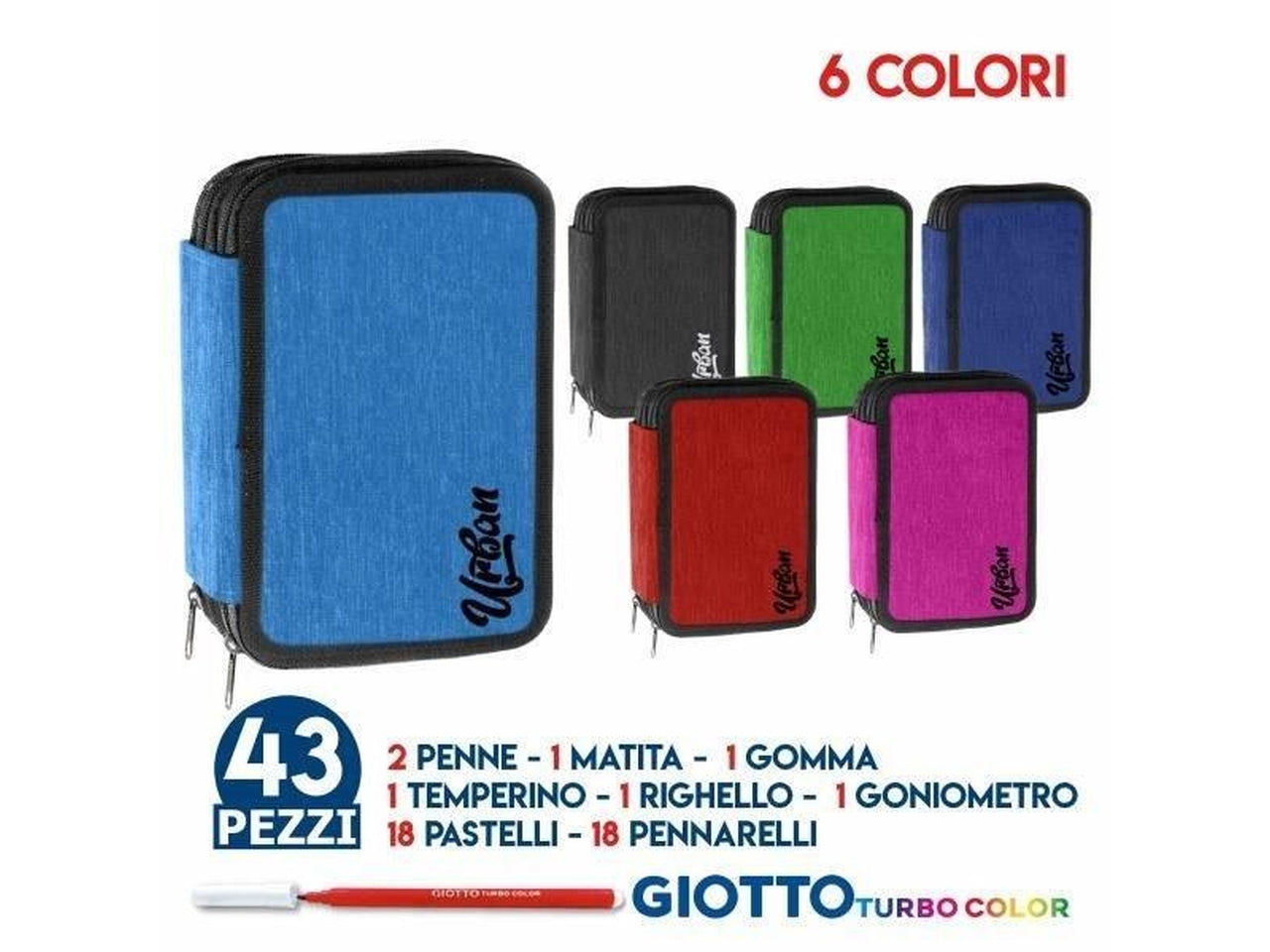 Astuccio triplo urban 43 pezzi con 18 pastelli e 18 colori a spirito giotto, in vari colori