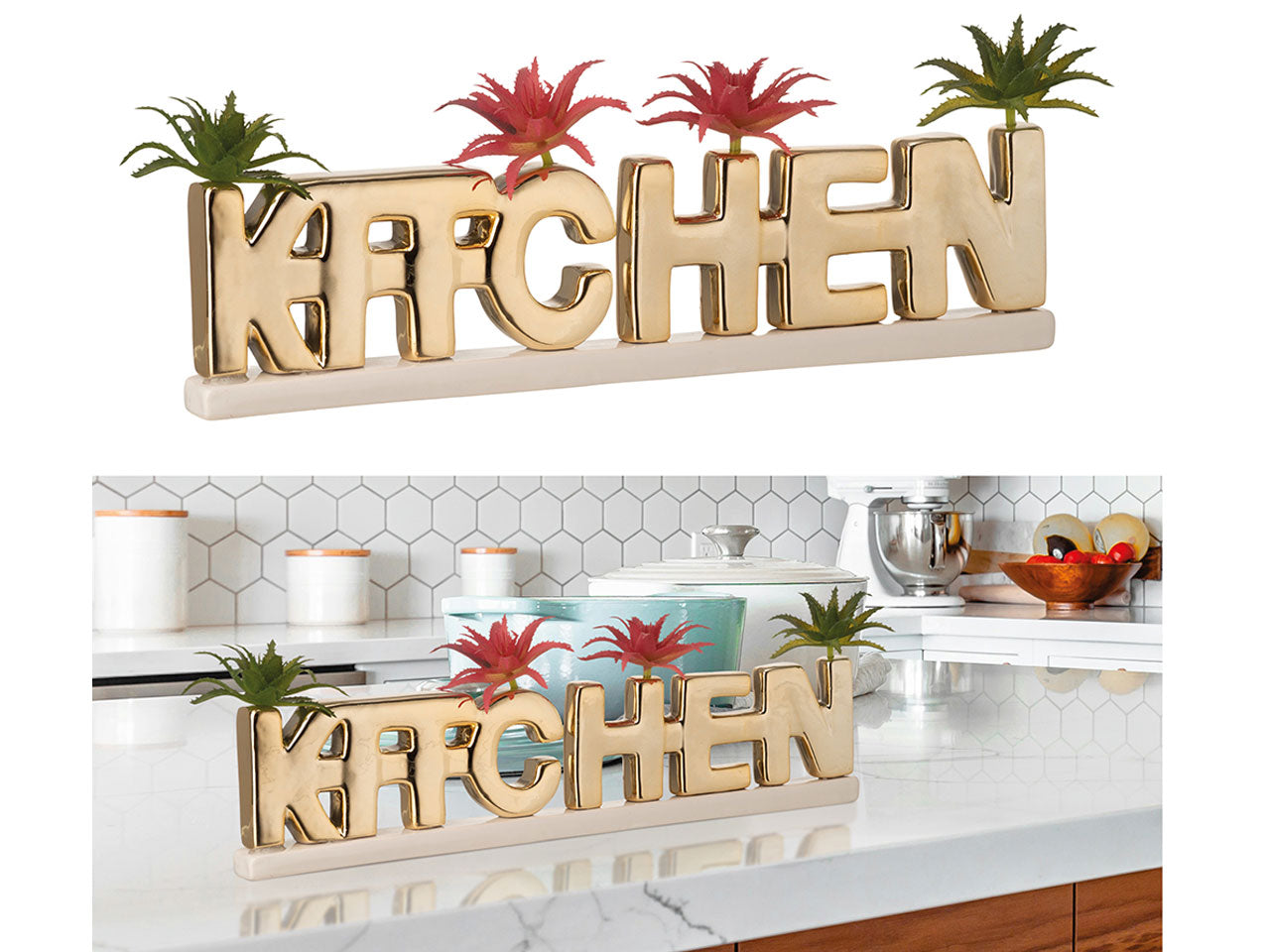 Scritta kitchen gold con piantine