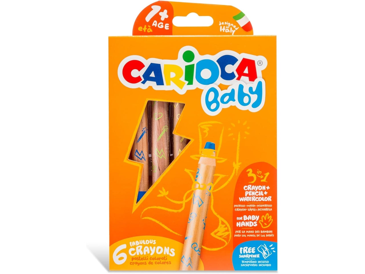 Carioca 6 pastelloni baby 3in1 con temperino per bambini da 1+ anni