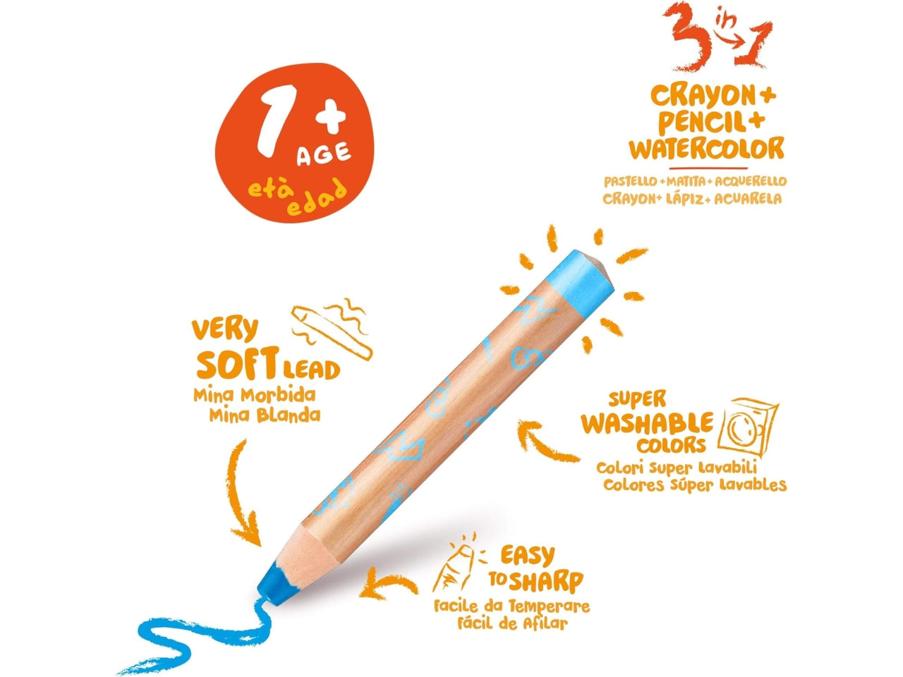 Carioca 6 pastelloni baby 3in1 con temperino per bambini da 1+ anni