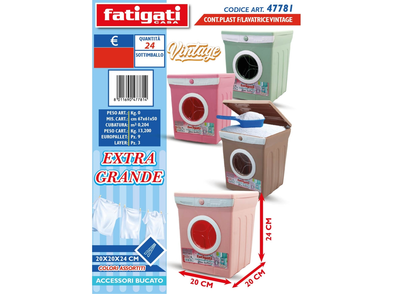 Contenitore plastica a forma di lavatrice vintage 20x20x24cm