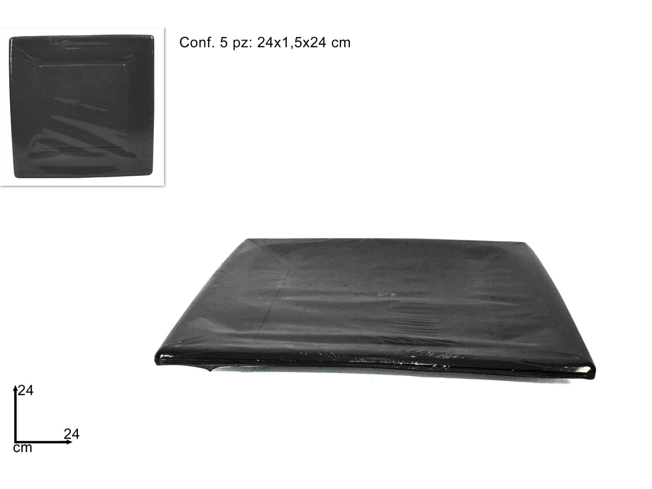Piatti quadrati cartoncino 24cm set da 5 piatti neri