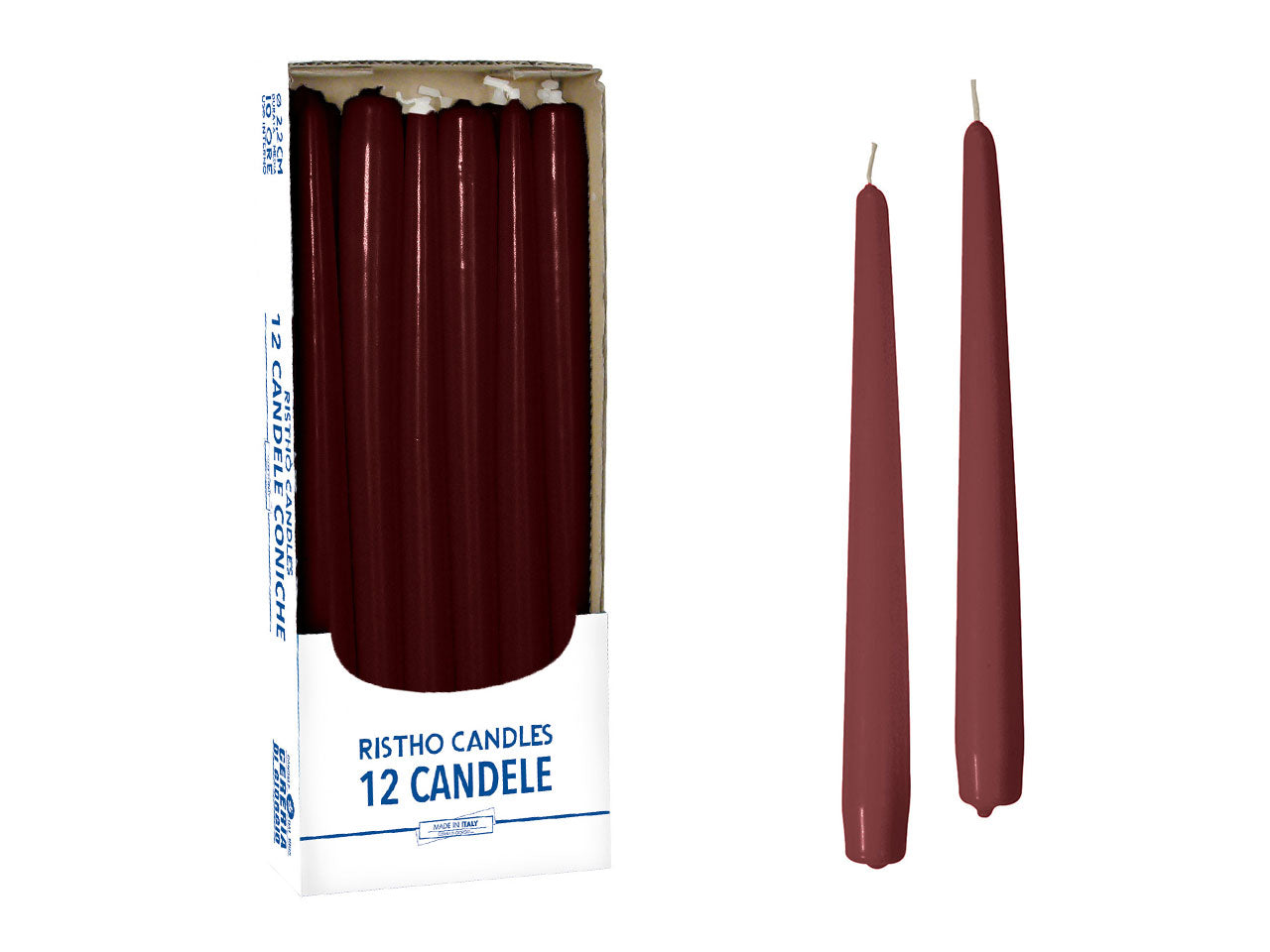Confezione di 12 candele coniche alte 12cm color borgogna