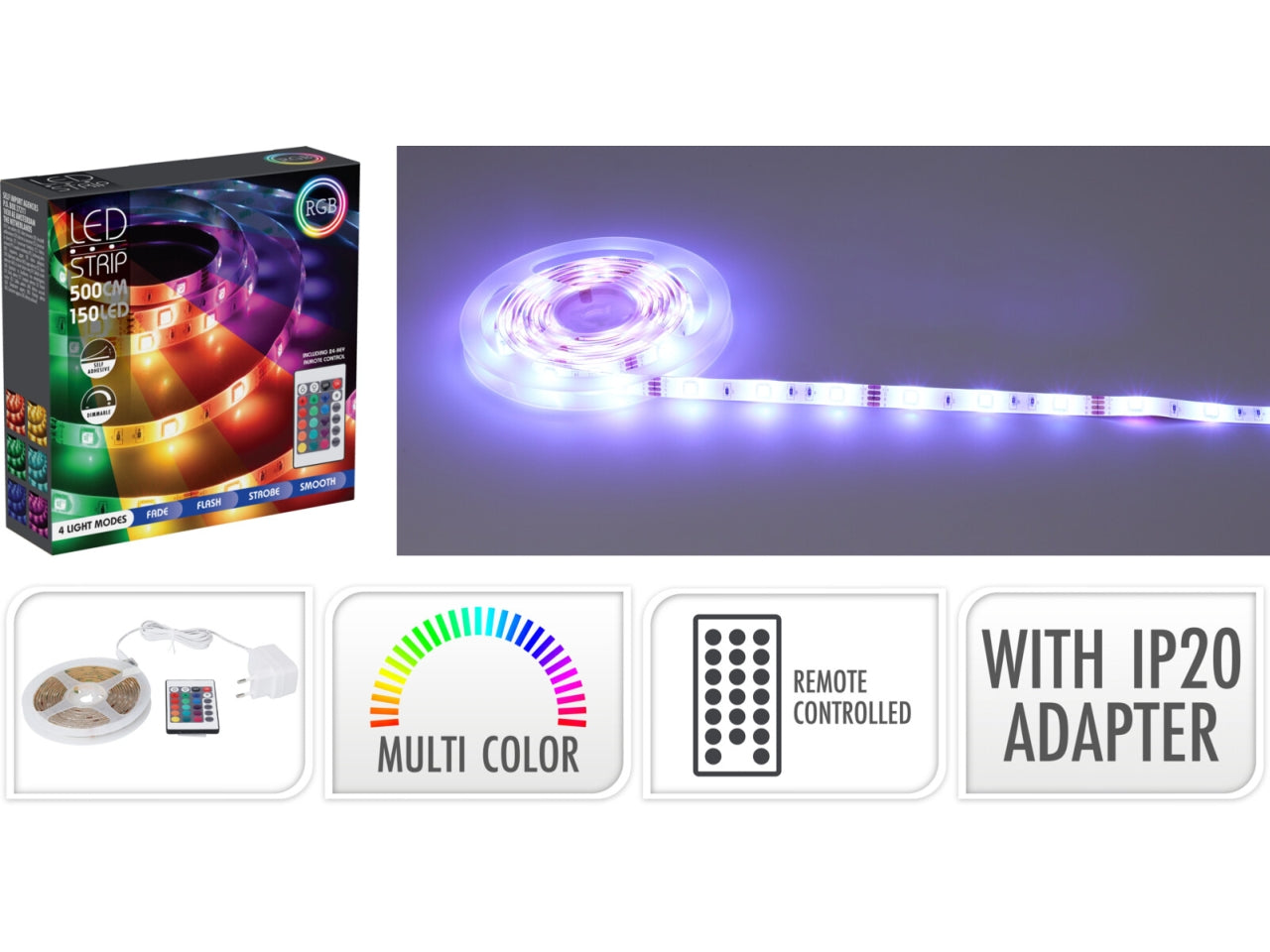 Fascia luminosa 150led rgb 5mt multicolor con telecomando