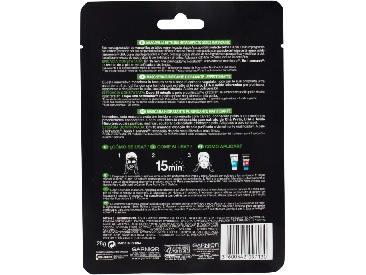 Garnier maschera viso in tessuto pure charcoal purificante