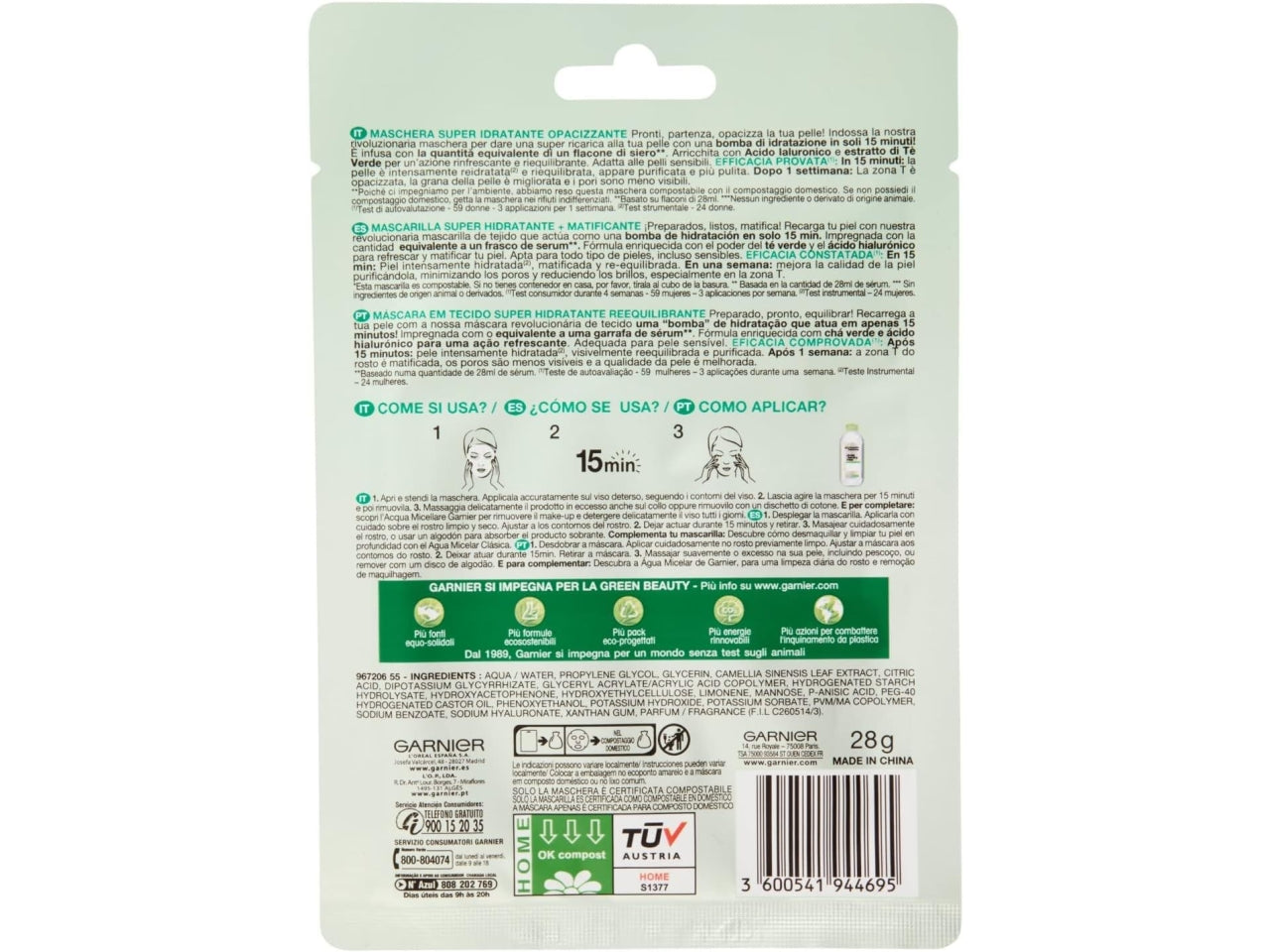 Garnier maschera viso in tessuto hydrabomb idratante 35gr