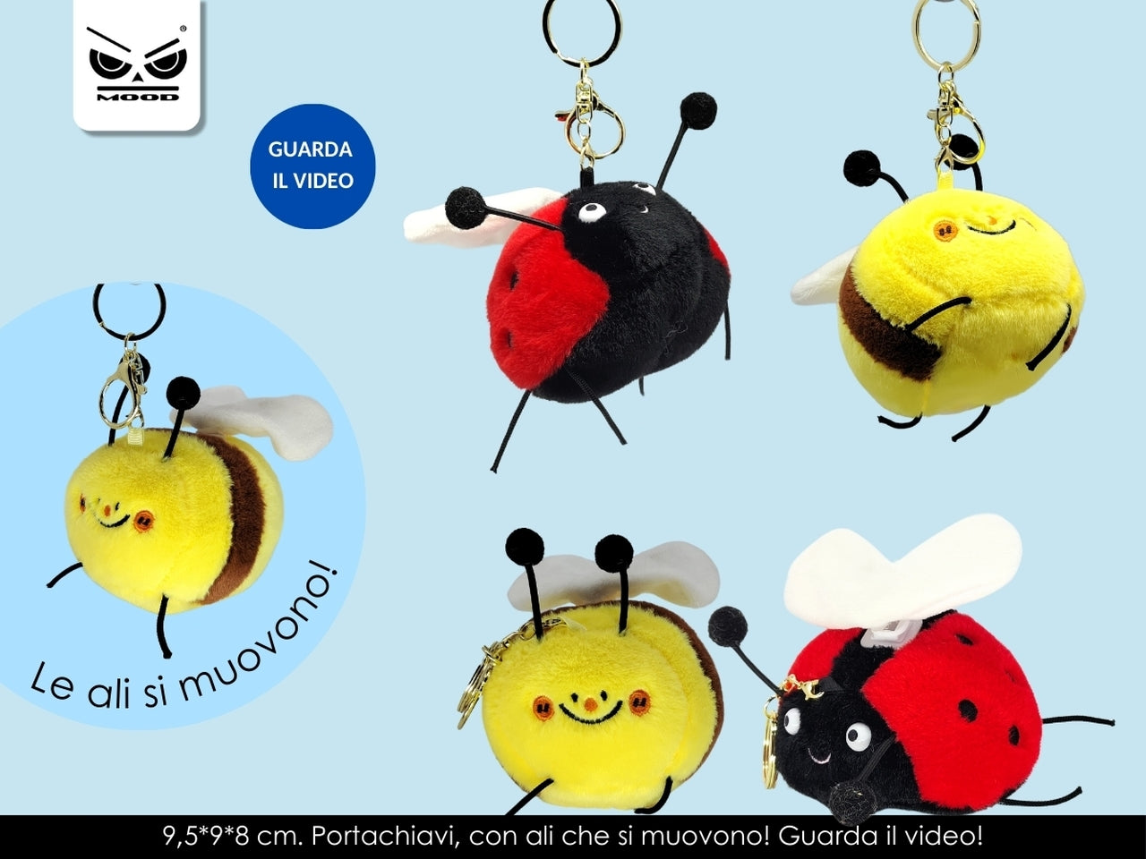 Portachiavi peluche crazy wings con ali che si muovono, coccinella e ape