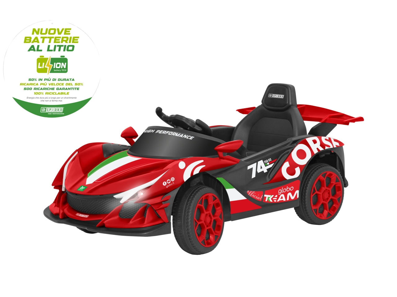 E-spidko auto a batteria li-ion 12v di colore rosso