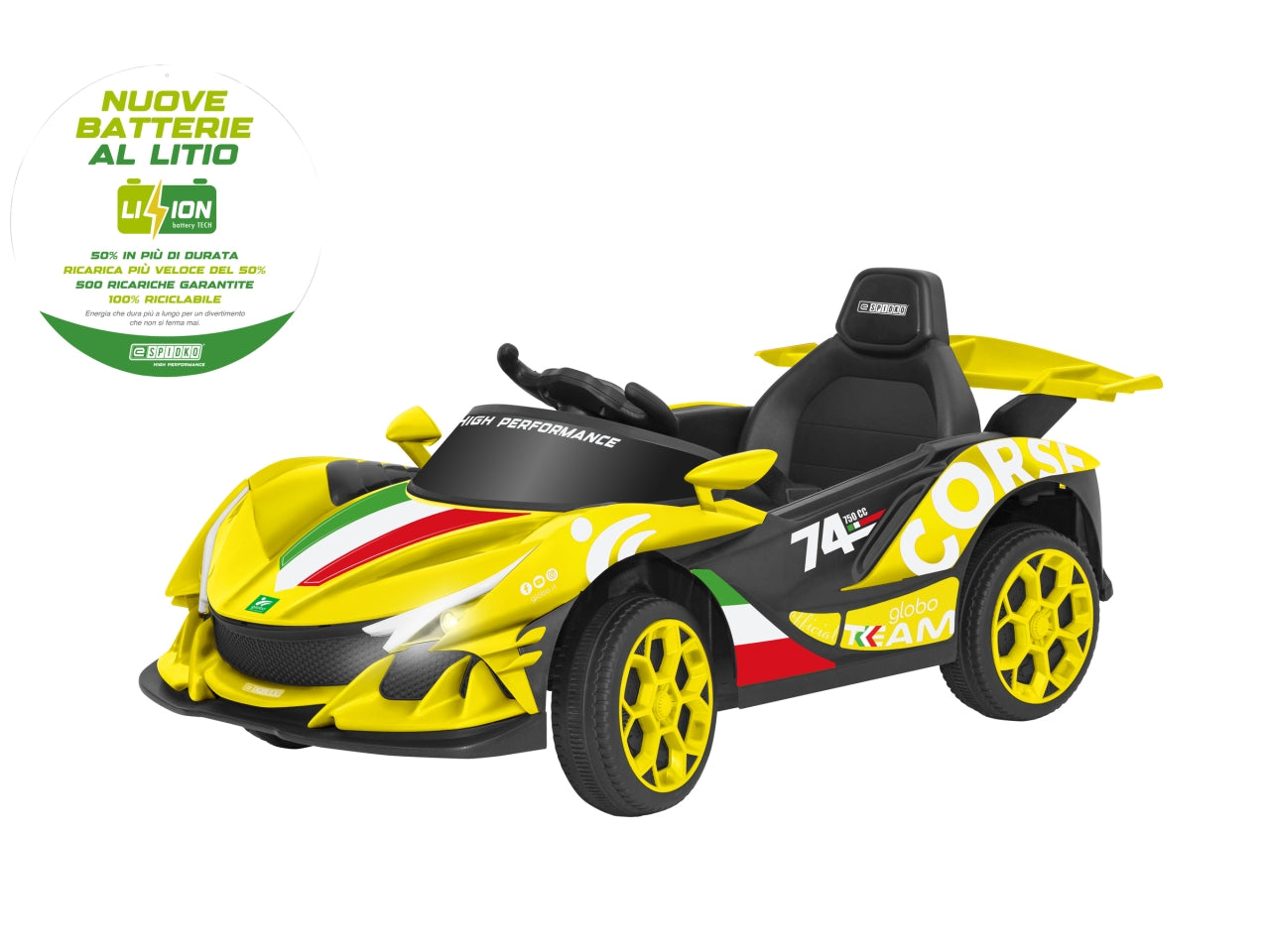E-spidko auto a batteria li-ion 12v di colore giallo