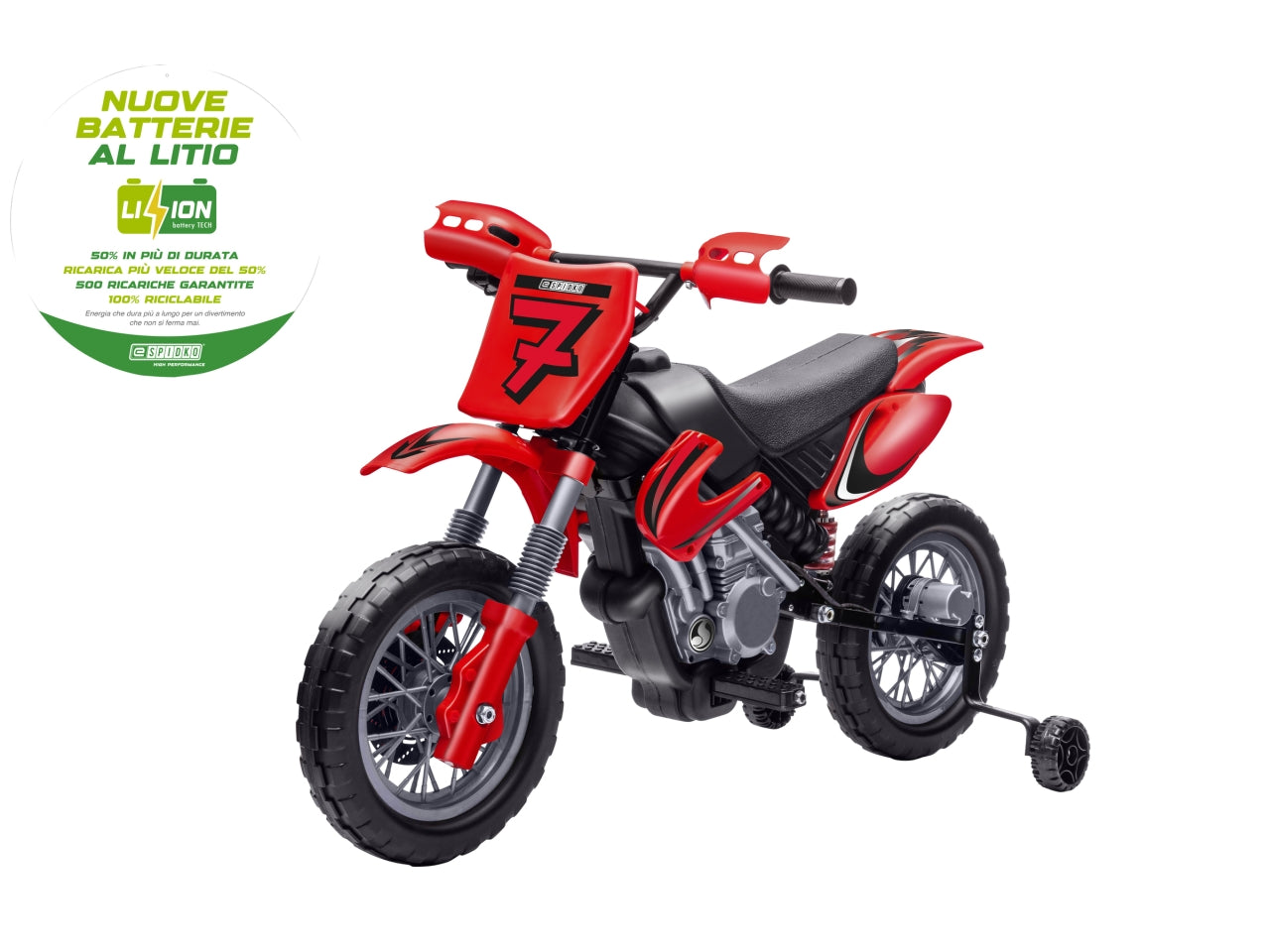 E-spidko moto cross a batteria li-ion 12v di colore rosso
