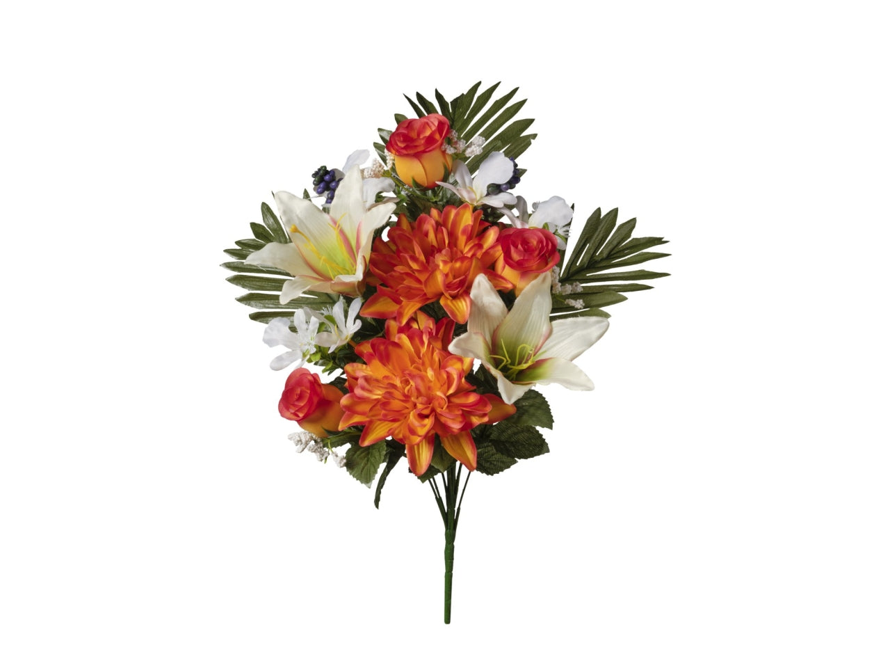 Mazzo frontaledalie/gigli/rose x10 49cm arancio