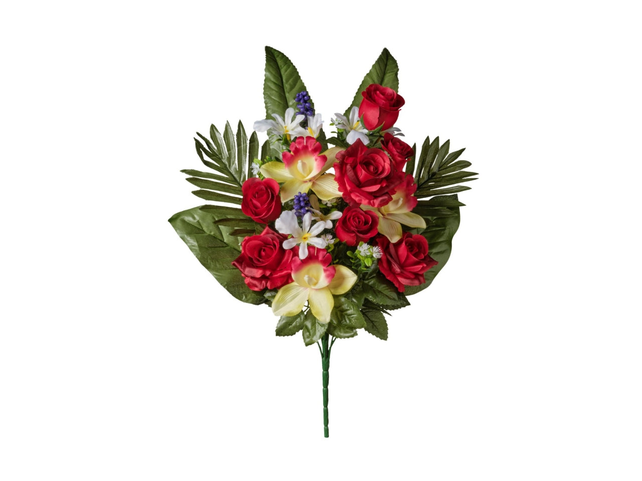 Mazzo frontale rose/orchidee/rosa boccioli x14 56cm rosso