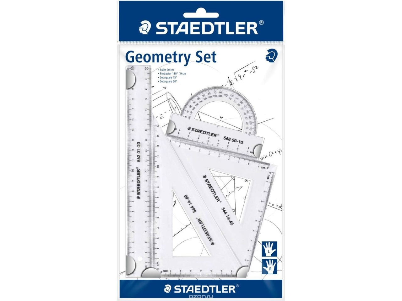 Geometric set 4 pezzi squadre , goniometro e righello in plastica trasparente