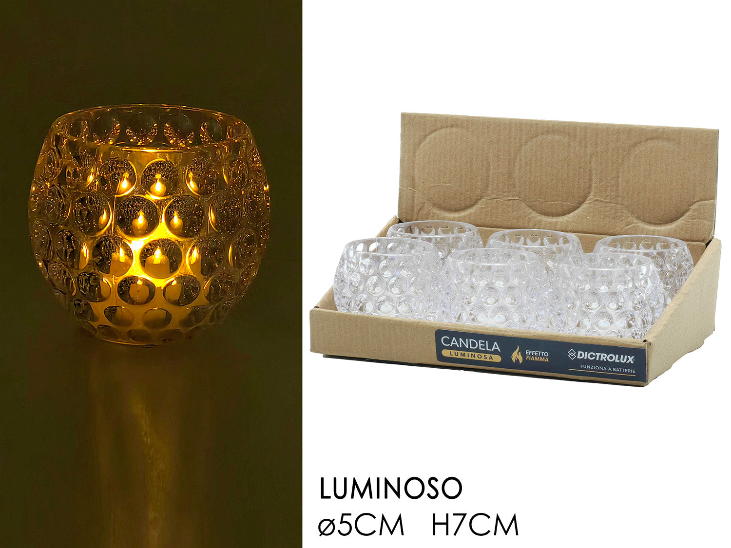 Porta candela 5xh.7cm con luce a batteria, trasparente