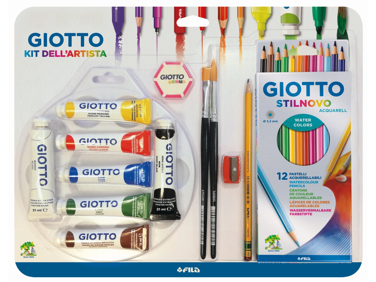 Giotto kit dell' artista con tempere, pastelli, pennelli, gomma e matita