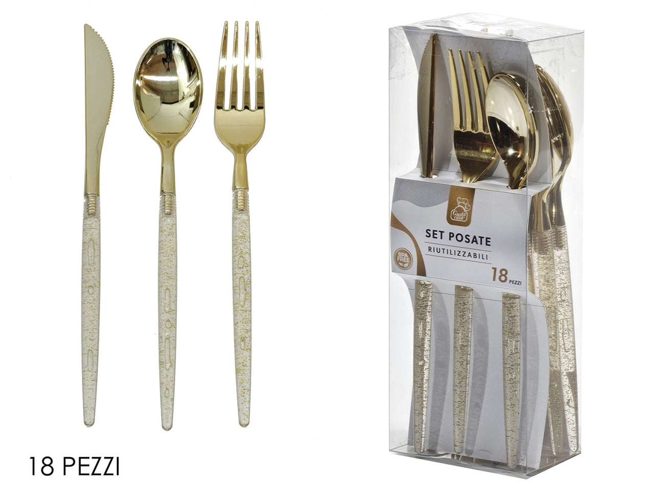 Posate in plastica, set da 18 pezzi oro con glitter