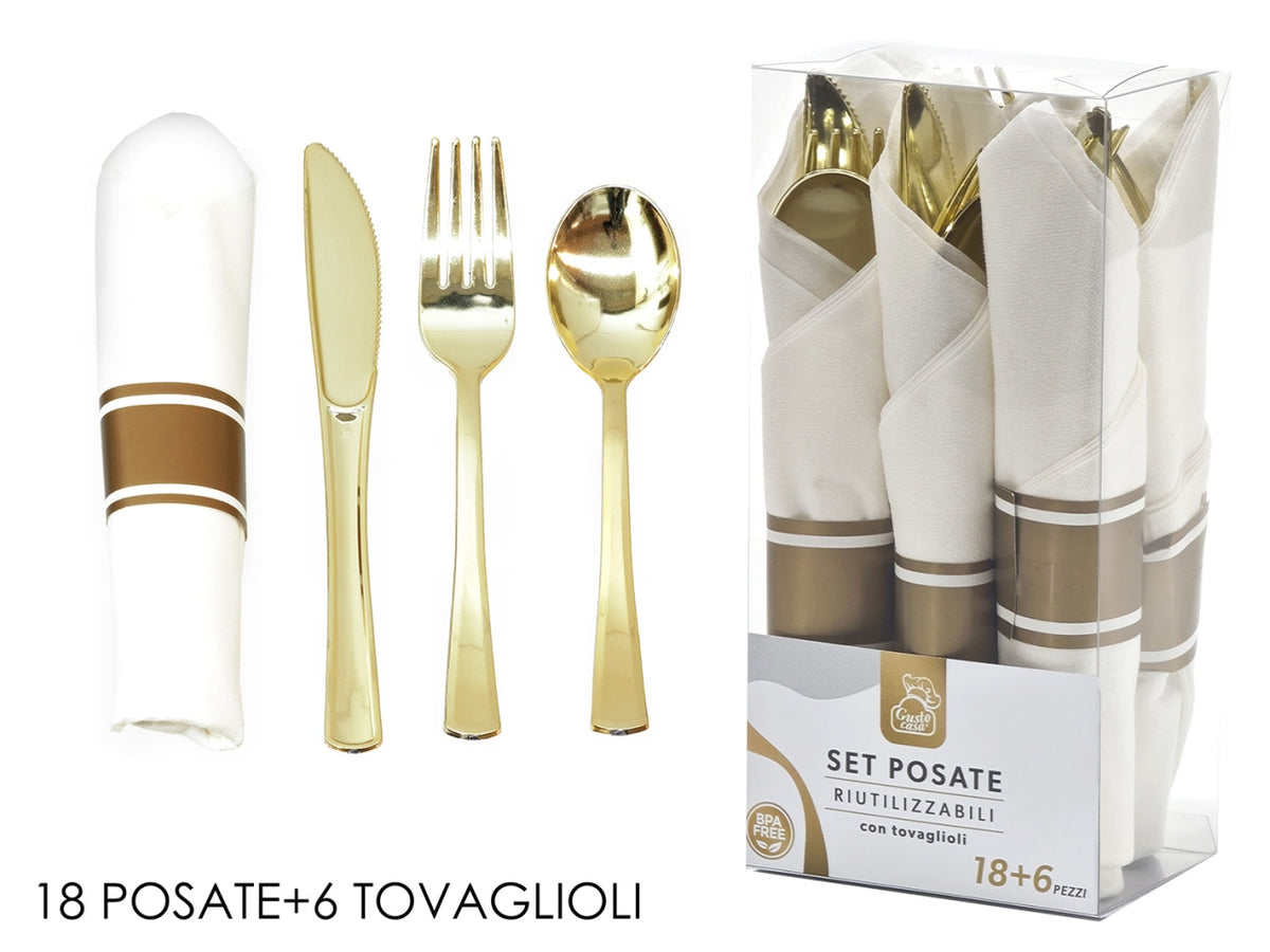 Posate in plastica, set da 18 pezzi oro con 6 tovaglioli