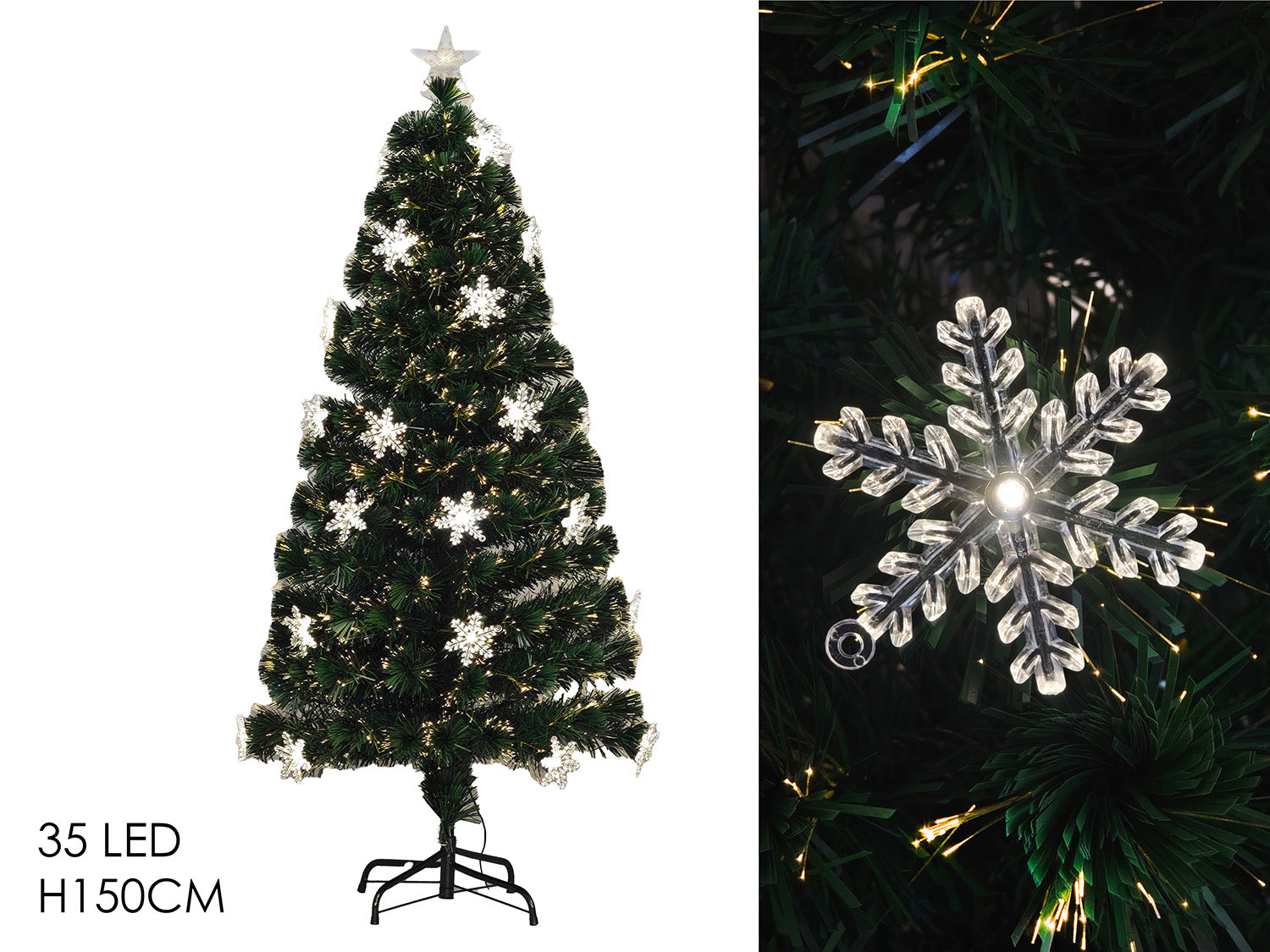 Albero 150cm fibre ottiche con fiocchi di neve e 35led