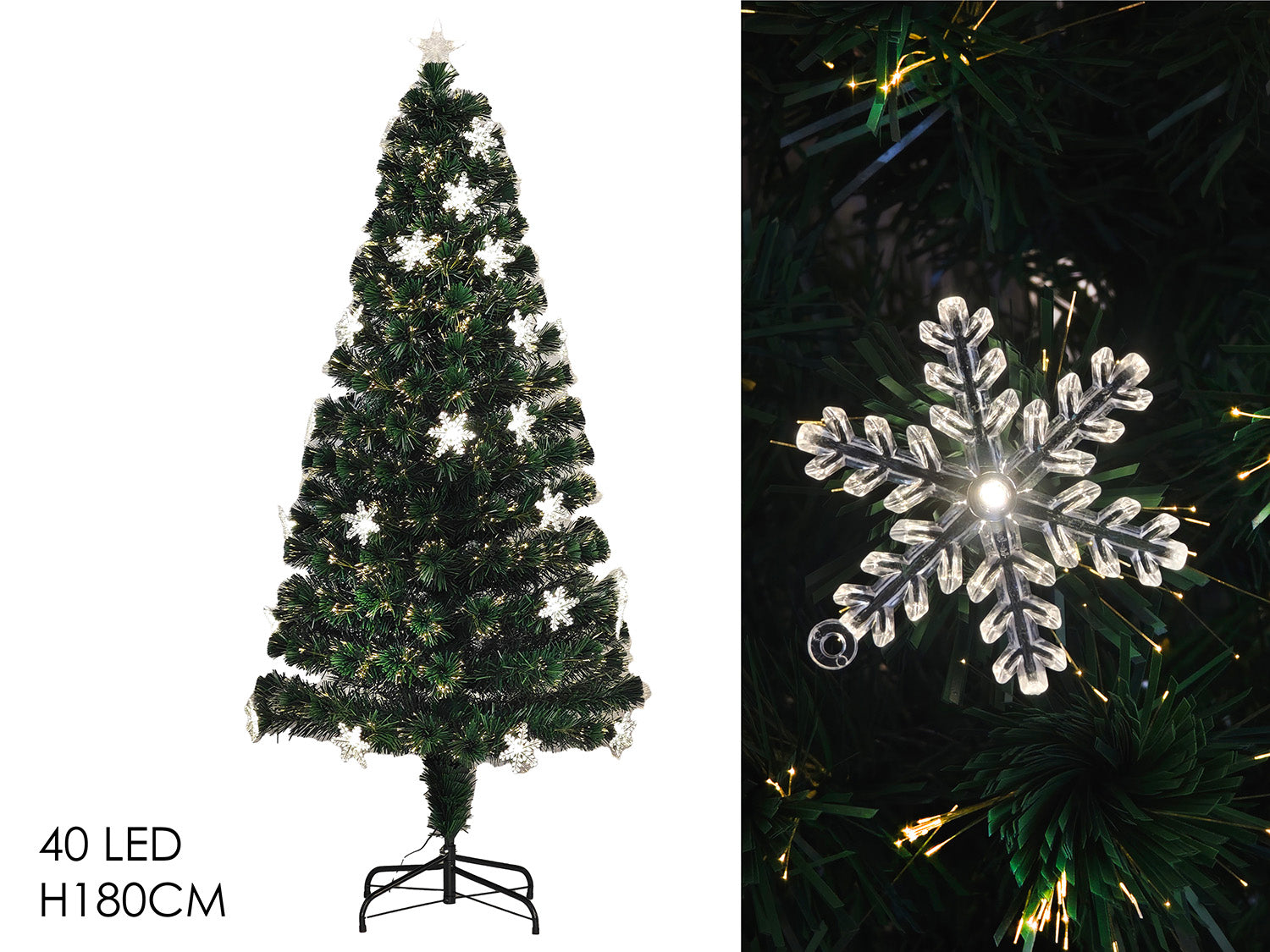 Albero 180cm fibre ottiche con fiocchi di neve e 40led