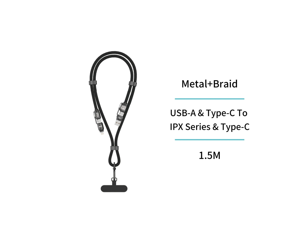 Cavo dati regolabile da appendere al collo A&C a C&L 240W 4 in 1, 1,5m (02UNICO,CB2685,nero)