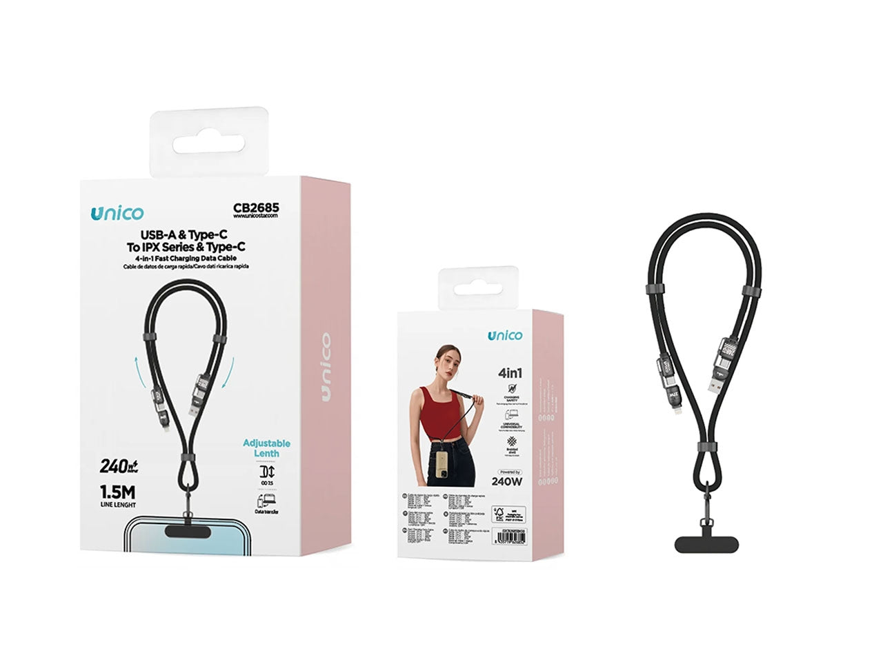 Cavo dati regolabile da appendere al collo A&C a C&L 240W 4 in 1, 1,5m (02UNICO,CB2685,nero)