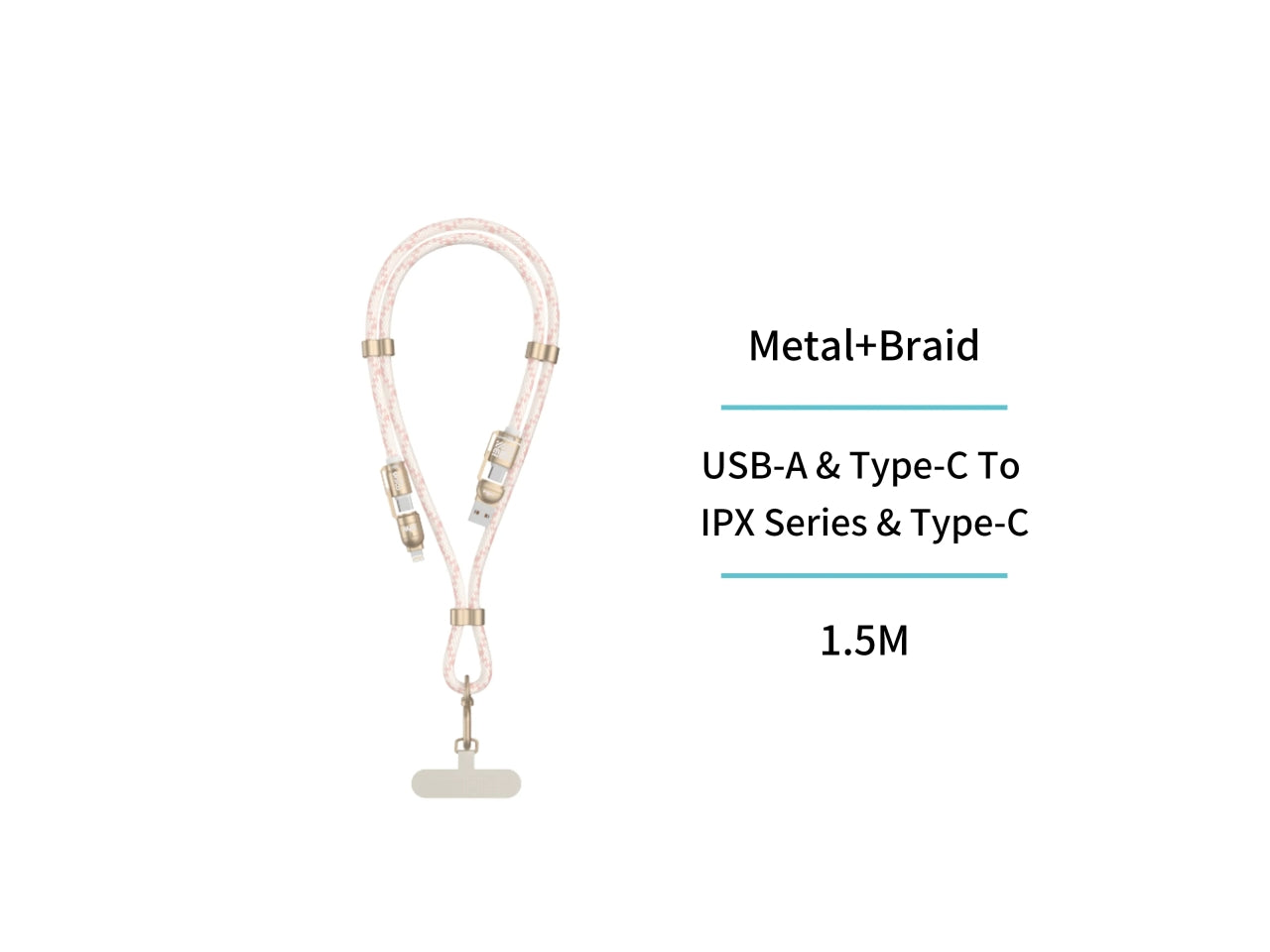 Cavo dati regolabile da appendere al collo A&C a C&L 240W 4 in 1, 1,5m (02UNICO,CB2685,rosa)