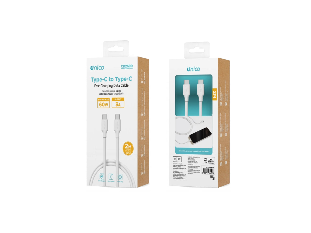 Cavo C-C 60W 2M TPE CE (02UNICO,CB2690,Bianco)