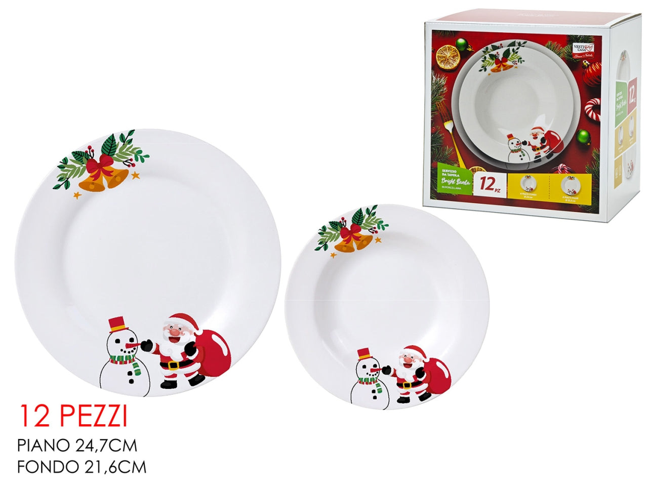 Servizio di piatti bright santa in porcellana 12 pezzi, 6 piani 24,7cm + 6 fondi 21,6cm