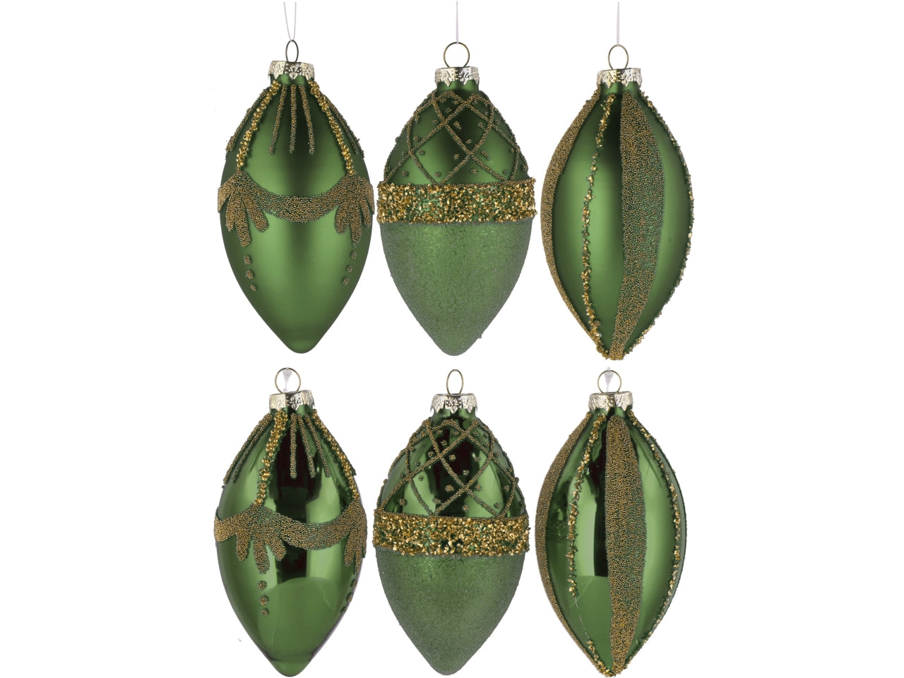 Palla goggia vetro 7xh.13cm verde e oro con decorazioni assortite