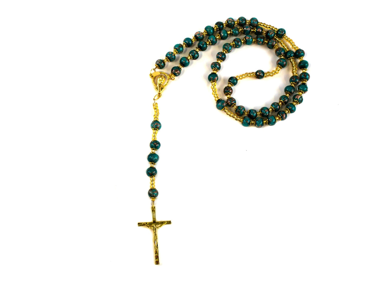 Rosario perle D.8 mm sommerso avventurina di colore oro petrolio