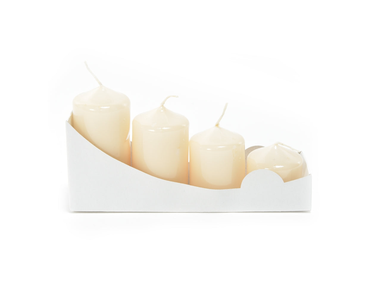 Candela pillar varie misure 3,9x4/5.5/7/8cm in confezione da 4 pezzi avorio lucido