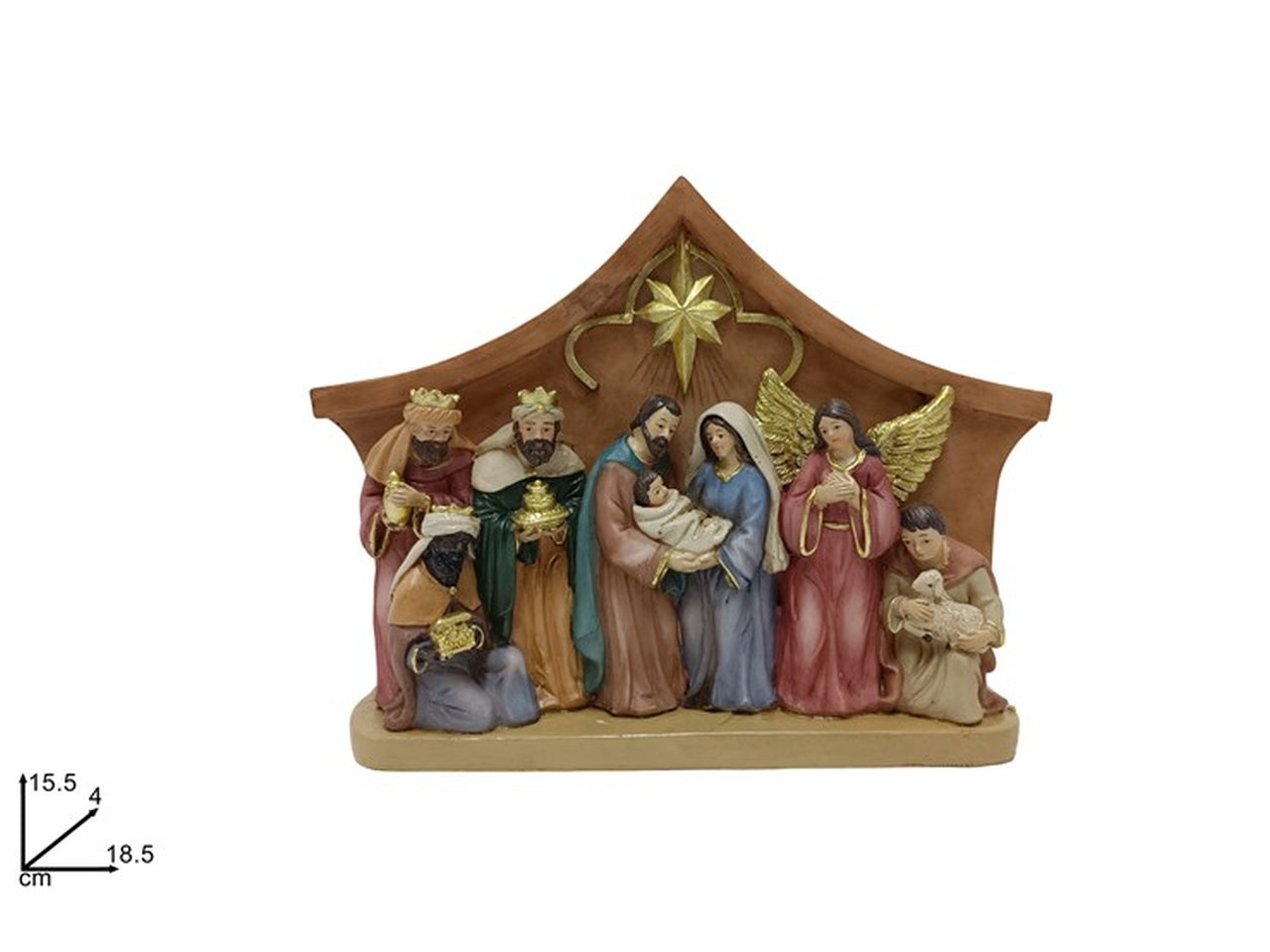 Natività in resina con capanna e decori oro 15,5xh.15,5cm