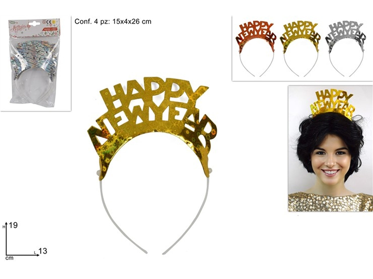 Cerchietto happy new year confezione da 4 pezzi, colori assortiti