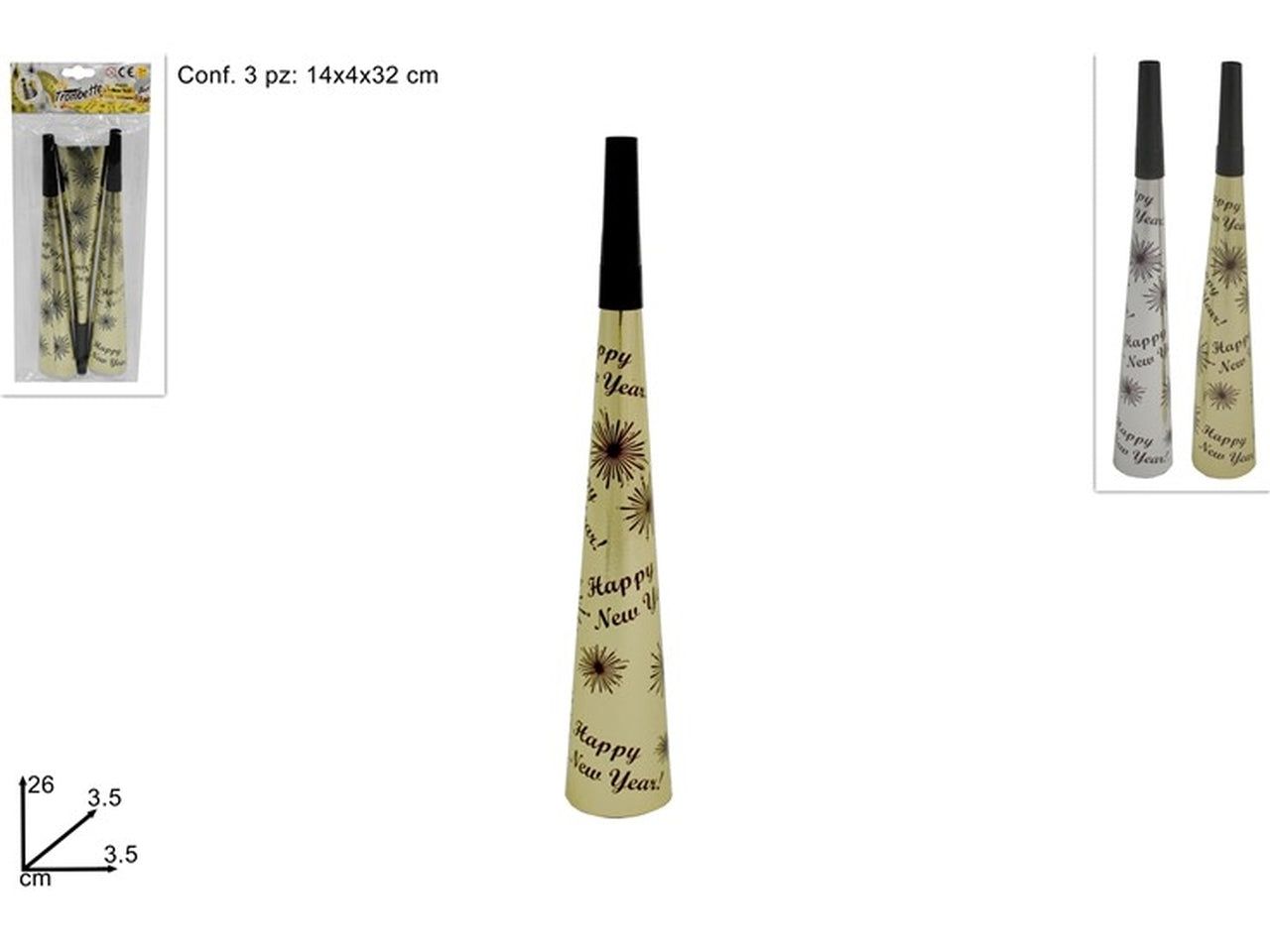 Trombette happy new year in confezione da 3 pezzi in colori assortiti