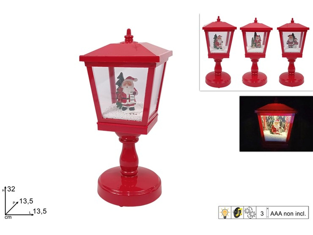 Lampione 32cm con babbo natale, musica, luce e movimento a batteria
