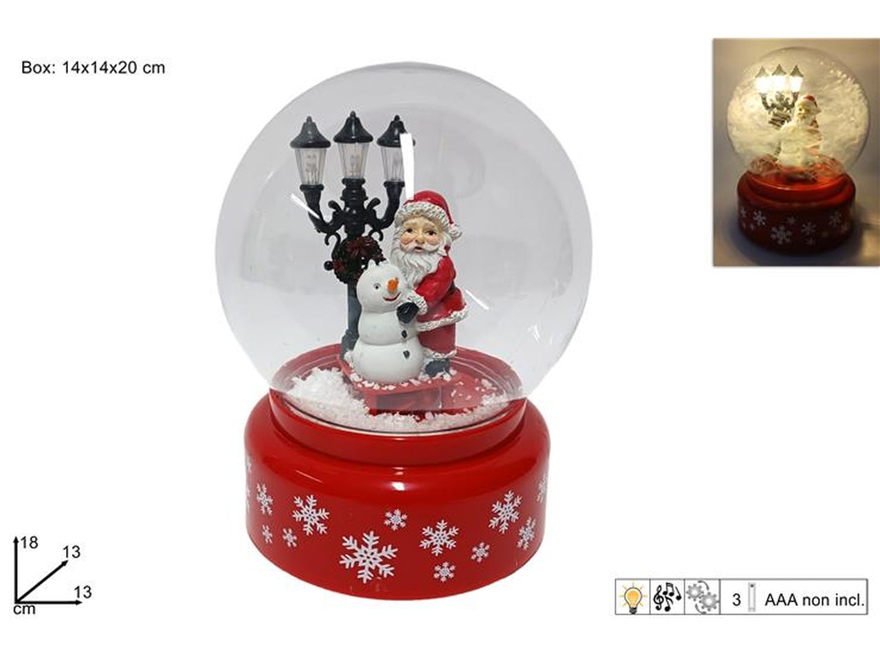 Ampolla 13cm con babbo natale, luce musica e movimento neve